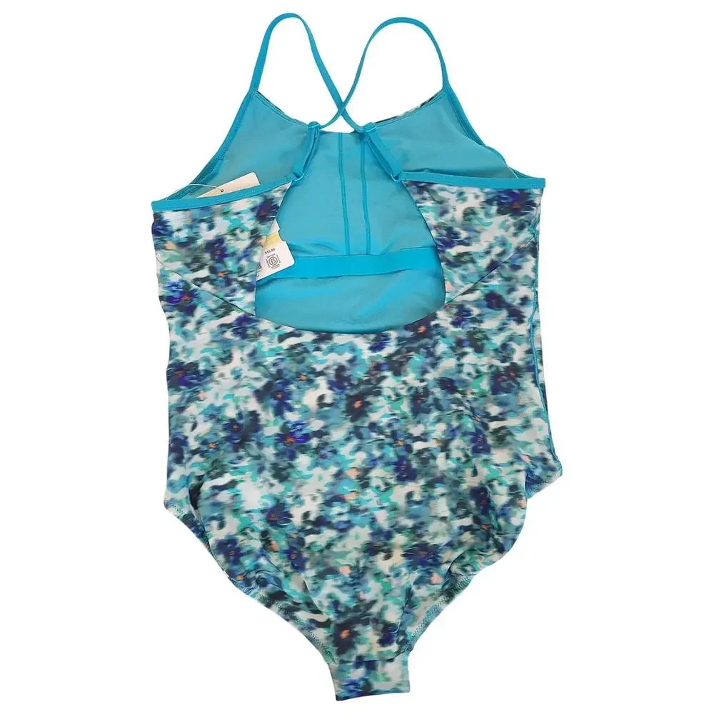 NWT Athleta Girl Swimsuit XXL 16 Blue Printed One Piece Adjustable Straps